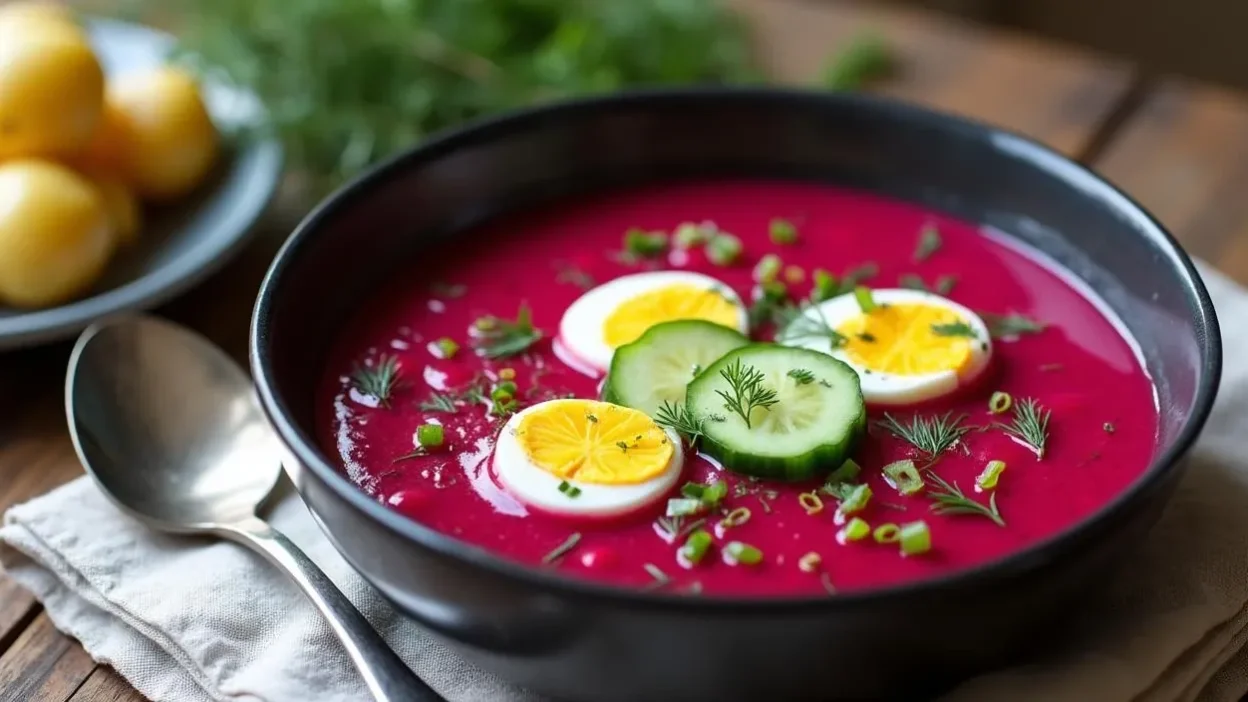 A bowl of vibrant pink Lithuanian cold beetroot soup (Šaltibarščiai) topped with dill, cucumber, and hard-boiled eggs, served with a side of warm buttered potatoes on a rustic table.
