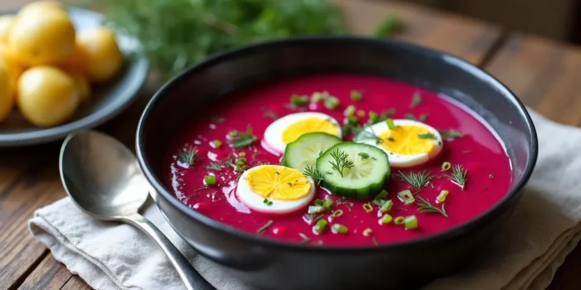 A bowl of vibrant pink Lithuanian cold beetroot soup (Šaltibarščiai) topped with dill, cucumber, and hard-boiled eggs, served with a side of warm buttered potatoes on a rustic table.