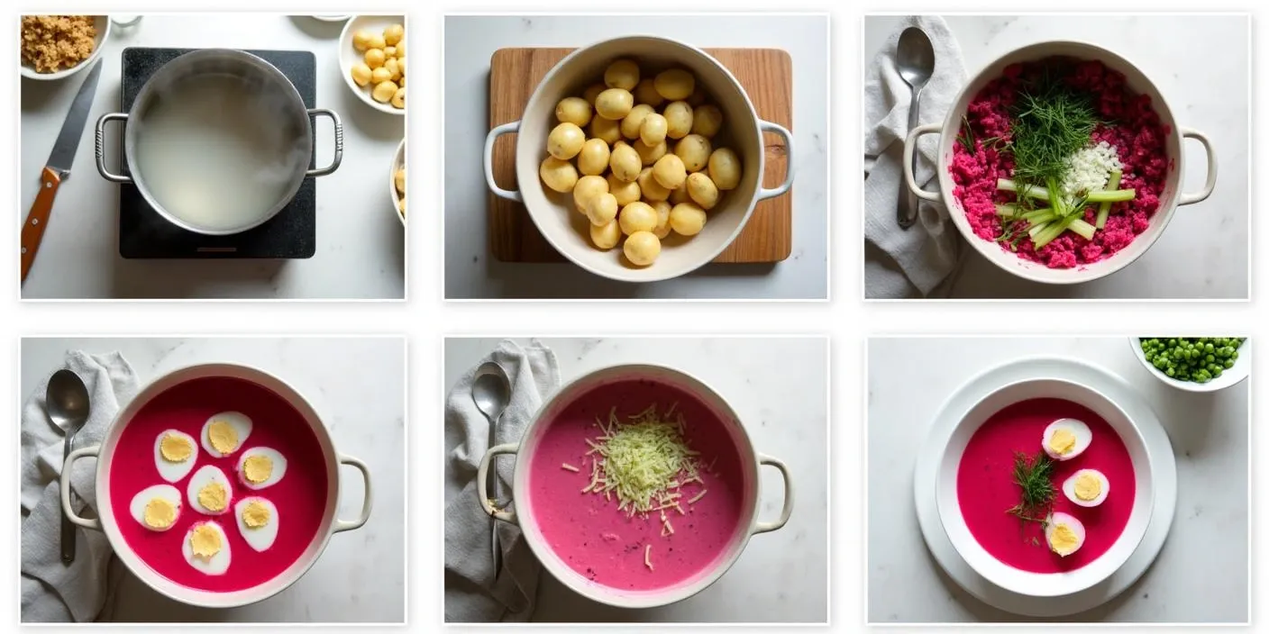 Step-by-step preparation of Lithuanian Šaltibarščiai (cold beetroot soup), showing boiling potatoes, preparing hard-boiled eggs, mixing grated beetroot with cucumber, dill, and kefir, stirring the soup to a vibrant pink color, and serving it with eggs and warm dill potatoes.