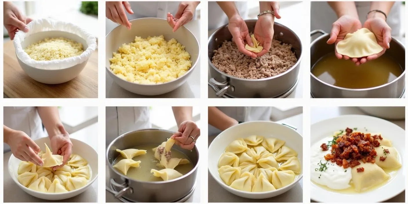 Step-by-step process of making Lithuanian Cepelinai: grating and squeezing potatoes, mixing dough, forming meat filling, shaping dumplings, boiling them, and serving with bacon and sour cream gravy.