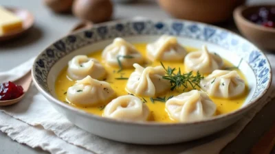 Plate of cooked dumplings served with sour cream and fresh herbs.