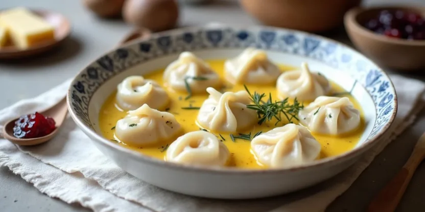 Plate of cooked dumplings served with sour cream and fresh herbs.