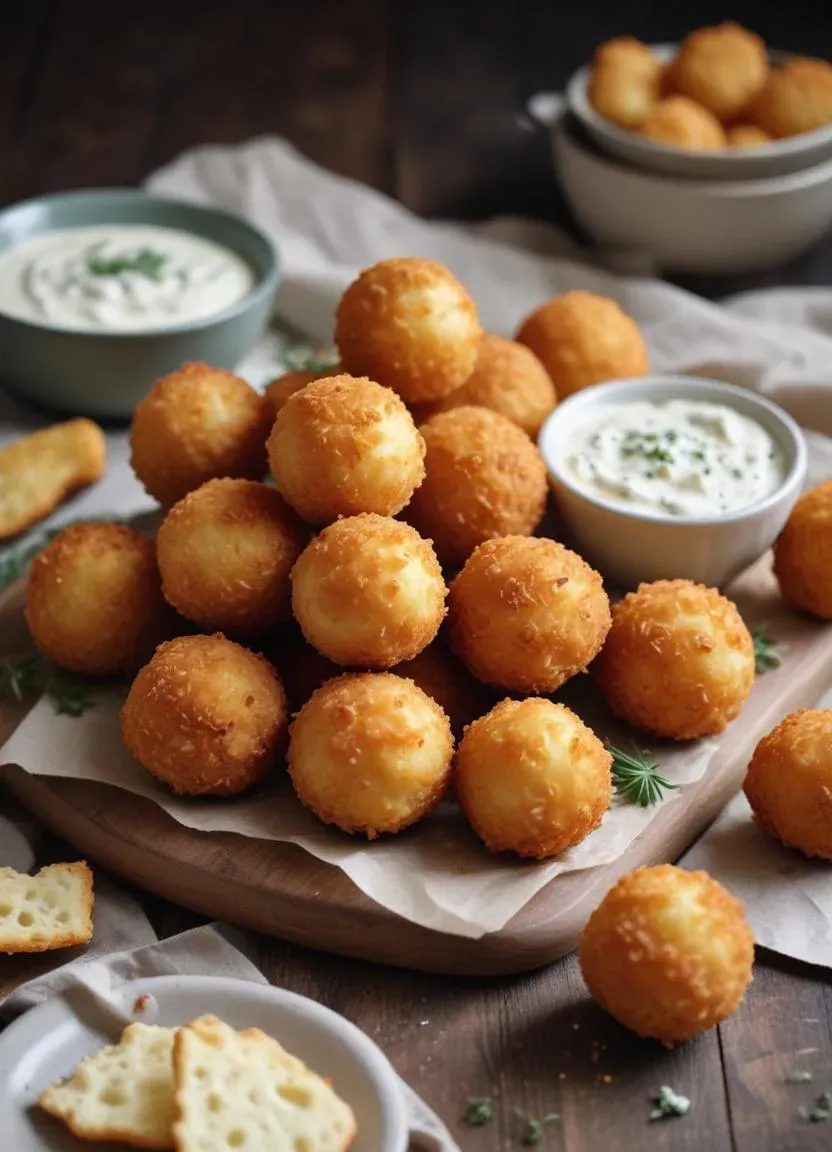 A plate of crispy, golden Estonian-style cheese balls served with a creamy garlic dipping sauce.