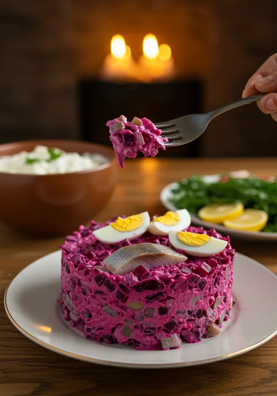 Try Rosolje, a traditional Estonian herring salad with beets, potatoes, and eggs. A creamy and comforting dish perfect for family gatherings!