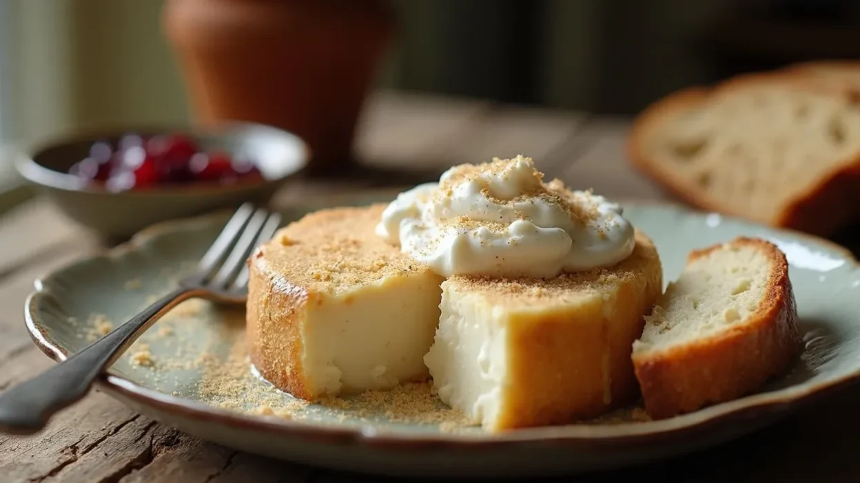 Traditional Lithuanian breakfast of farmer’s cheese with sour cream and sugar served on a rustic plate with dark rye bread and lingonberry jam on a wooden table.