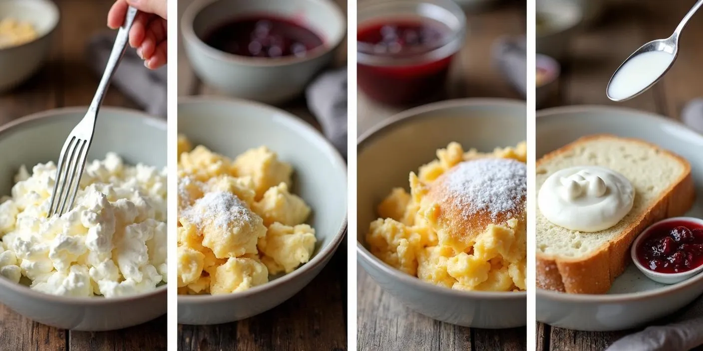 Step-by-step preparation of a traditional Lithuanian breakfast with farmer’s cheese, sour cream, and sugar, served with rye bread and jam.