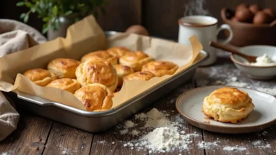 Golden brown Lithuanian sour cream pastries (Grietiniečiai) on a rustic table with farmer’s cheese filling peeking out, served with coffee and a bowl of sour cream.