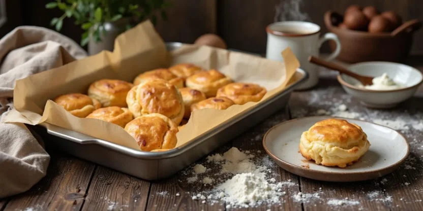 Golden brown Lithuanian sour cream pastries (Grietiniečiai) on a rustic table with farmer’s cheese filling peeking out, served with coffee and a bowl of sour cream.