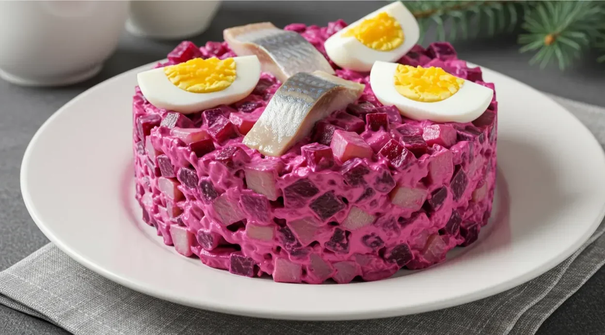 Plate of pickled herring garnished with onions and fresh herbs — traditional Nordic appetizer.