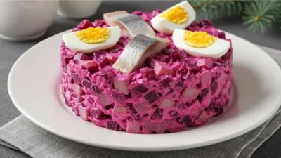 Plate of pickled herring garnished with onions and fresh herbs — traditional Nordic appetizer.
