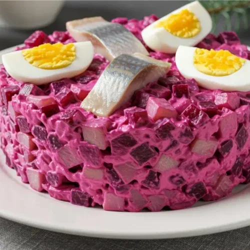 Plate of pickled herring garnished with onions and fresh herbs — traditional Nordic appetizer.