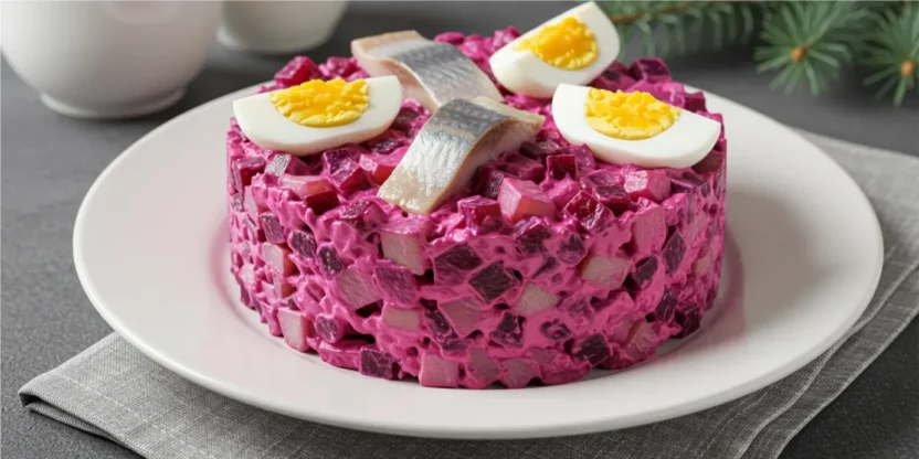 Plate of pickled herring garnished with onions and fresh herbs — traditional Nordic appetizer.