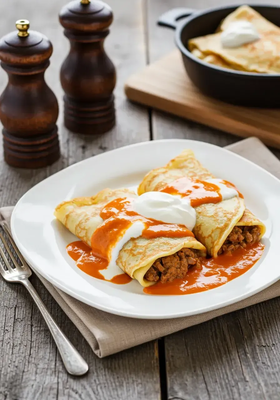 Hortobágyi Palacsinta is a savory Hungarian dish made from thin, delicate crepes (palacsinta) filled with a flavorful meat filling, typically veal, chicken, or pork, and covered in a rich, paprika-infused sauce.
