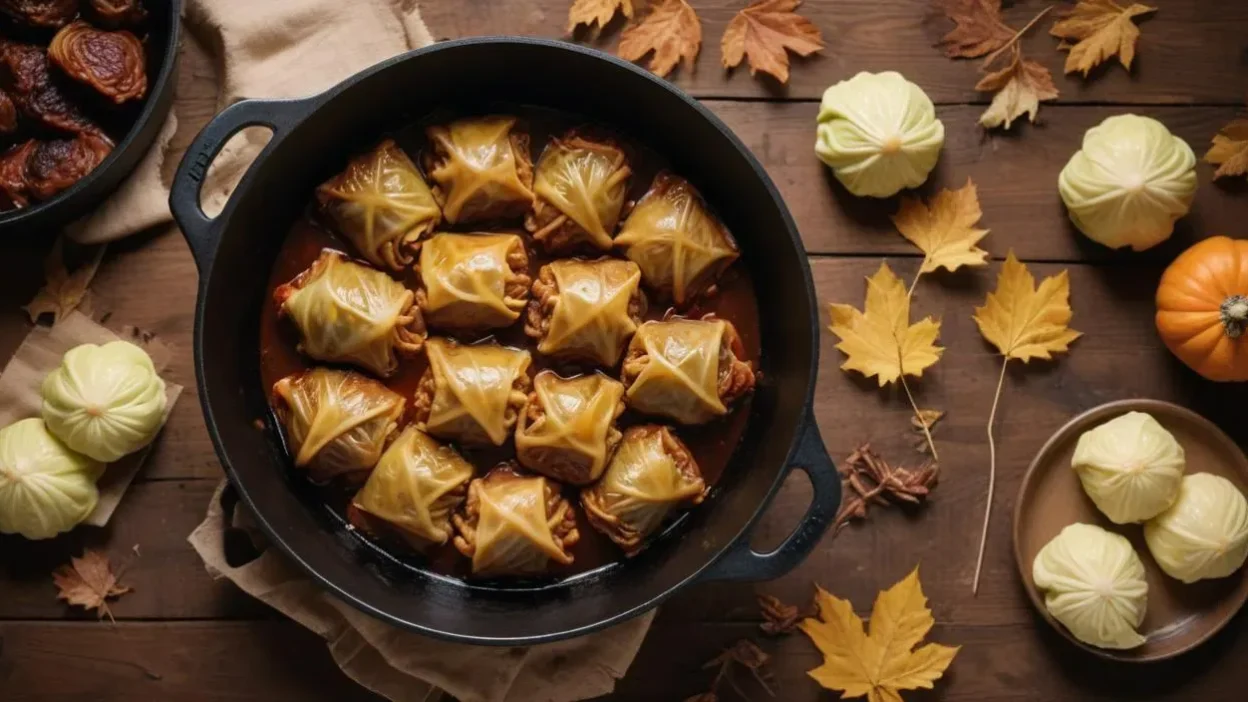 Braised stuffed cabbage rolls in a cast-iron pot, surrounded by autumn decorations – yellow leaves, a small pumpkin, and cabbage heads.
