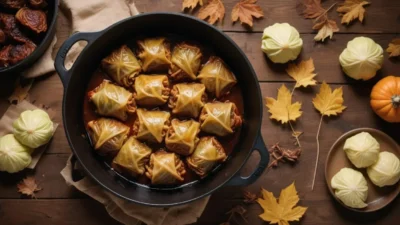 Braised stuffed cabbage rolls in a cast-iron pot, surrounded by autumn decorations – yellow leaves, a small pumpkin, and cabbage heads.