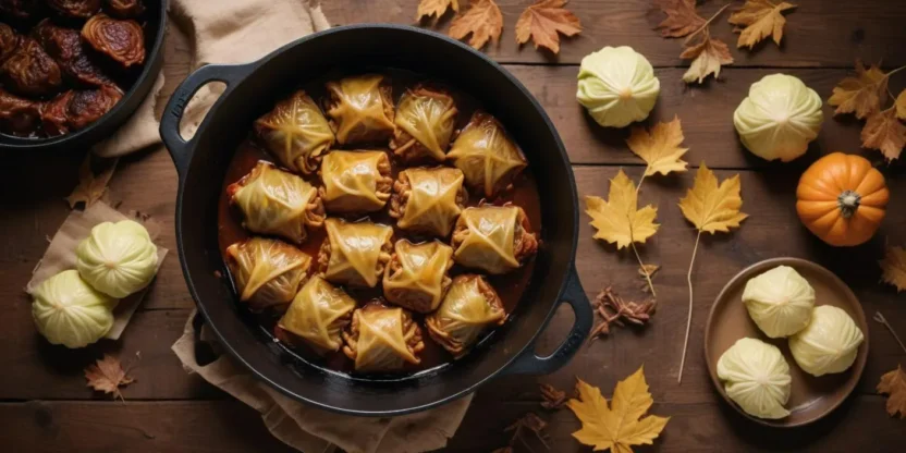 Braised stuffed cabbage rolls in a cast-iron pot, surrounded by autumn decorations – yellow leaves, a small pumpkin, and cabbage heads.