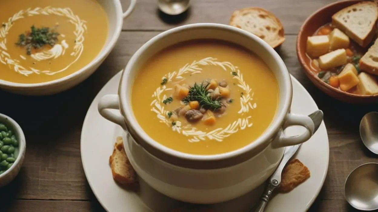 Traditional Hungarian Jókai Bableves — hearty bean soup with smoked meat and vegetables.