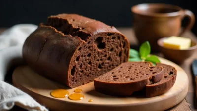 Freshly baked loaf of Juoda Duona, traditional Lithuanian dark rye bread, sliced to show dense brown crumb on a wooden board with butter and honey.