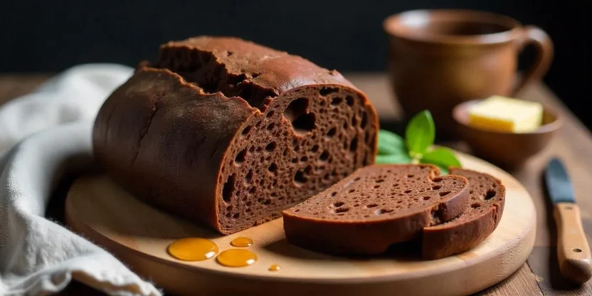 Freshly baked loaf of Juoda Duona, traditional Lithuanian dark rye bread, sliced to show dense brown crumb on a wooden board with butter and honey.