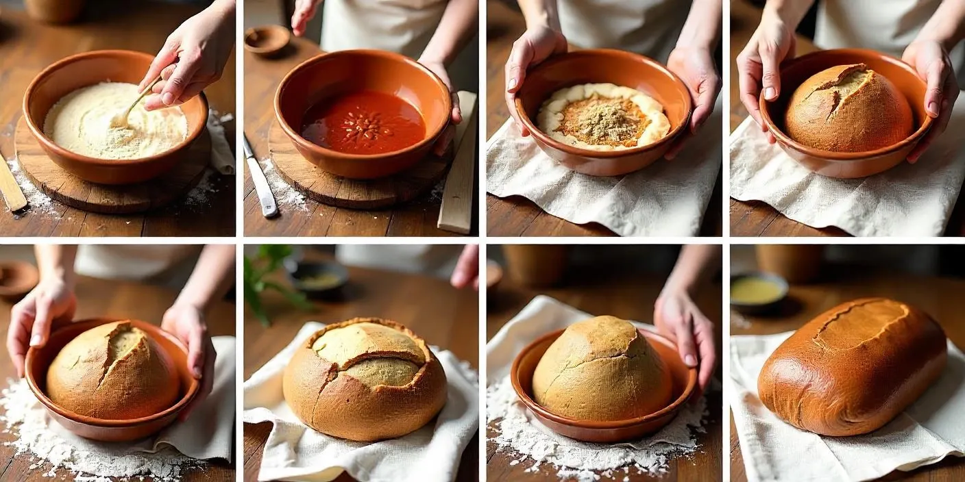 Step-by-step process of baking Juoda Duona, traditional Lithuanian dark rye bread, showing mixing, fermentation, shaping, and baking stages in a rustic kitchen setting.