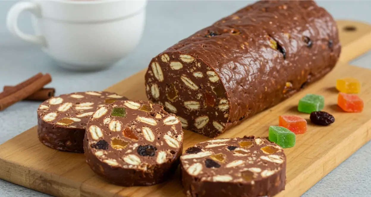 Kirju koer is a traditional Estonian no-bake dessert, often referred to as "chocolate salami" due to its log-like shape.