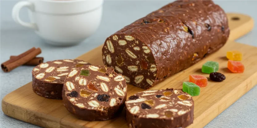Kirju koer is a traditional Estonian no-bake dessert, often referred to as "chocolate salami" due to its log-like shape.