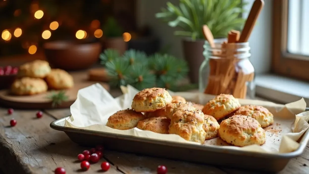 Traditional Lithuanian Kūčiukai biscuits on a baking tray and in a mason jar, served with cranberry kissel on a rustic wooden table with festive Christmas decor.