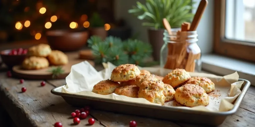 Traditional Lithuanian Kūčiukai biscuits on a baking tray and in a mason jar, served with cranberry kissel on a rustic wooden table with festive Christmas decor.