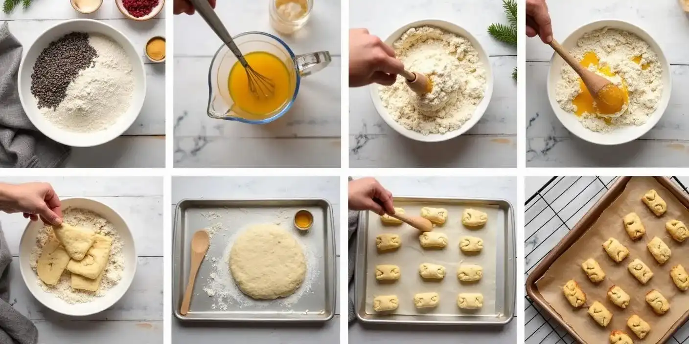 Step-by-step preparation of Kūčiukai, traditional Lithuanian Christmas Eve poppy seed biscuits, from mixing ingredients to baking and cooling.