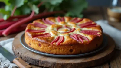 Homemade Latvian rhubarb cake with golden crust and visible rhubarb, styled on a rustic wooden table with fresh rhubarb and a cozy kitchen feel