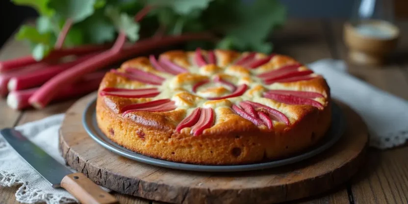 Homemade Latvian rhubarb cake with golden crust and visible rhubarb, styled on a rustic wooden table with fresh rhubarb and a cozy kitchen feel