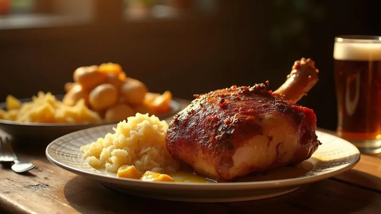 Crispy Latvian roasted pork knuckle with potatoes and sauerkraut