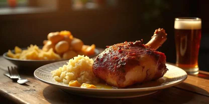 Crispy Latvian roasted pork knuckle with potatoes and sauerkraut