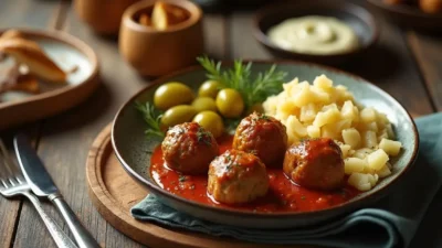Тraditional Latvian Kotletes with mashed potatoes, sauerkraut, and pickles served on a rustic table