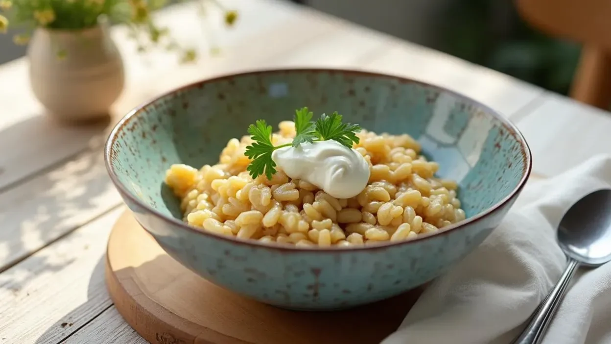 Hearty Latvian barley risotto with smoked meat and sour cream in a rustic bowl