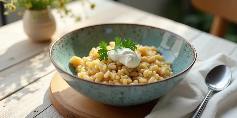Hearty Latvian barley risotto with smoked meat and sour cream in a rustic bowl