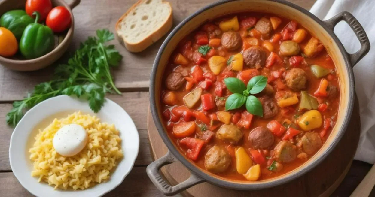 Traditional Hungarian Lecsó Stew – Rustic Vegetable Dish with Peppers, Tomatoes, and Paprika
