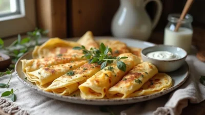 A plate of traditional Lithuanian crepes (Lietiniai Blynai), golden and rolled, served with sour cream in a rustic kitchen setting, showcasing sweet cheese filling and Baltic-style decor.