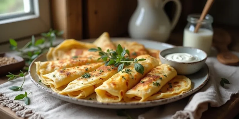 A plate of traditional Lithuanian crepes (Lietiniai Blynai), golden and rolled, served with sour cream in a rustic kitchen setting, showcasing sweet cheese filling and Baltic-style decor.