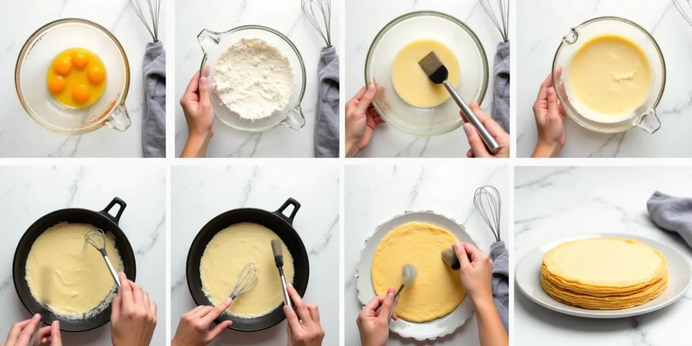 Step-by-step process of making Lithuanian crepes (Lietiniai Blynai), including mixing batter, cooking in a pan, and stacking the finished crepes.