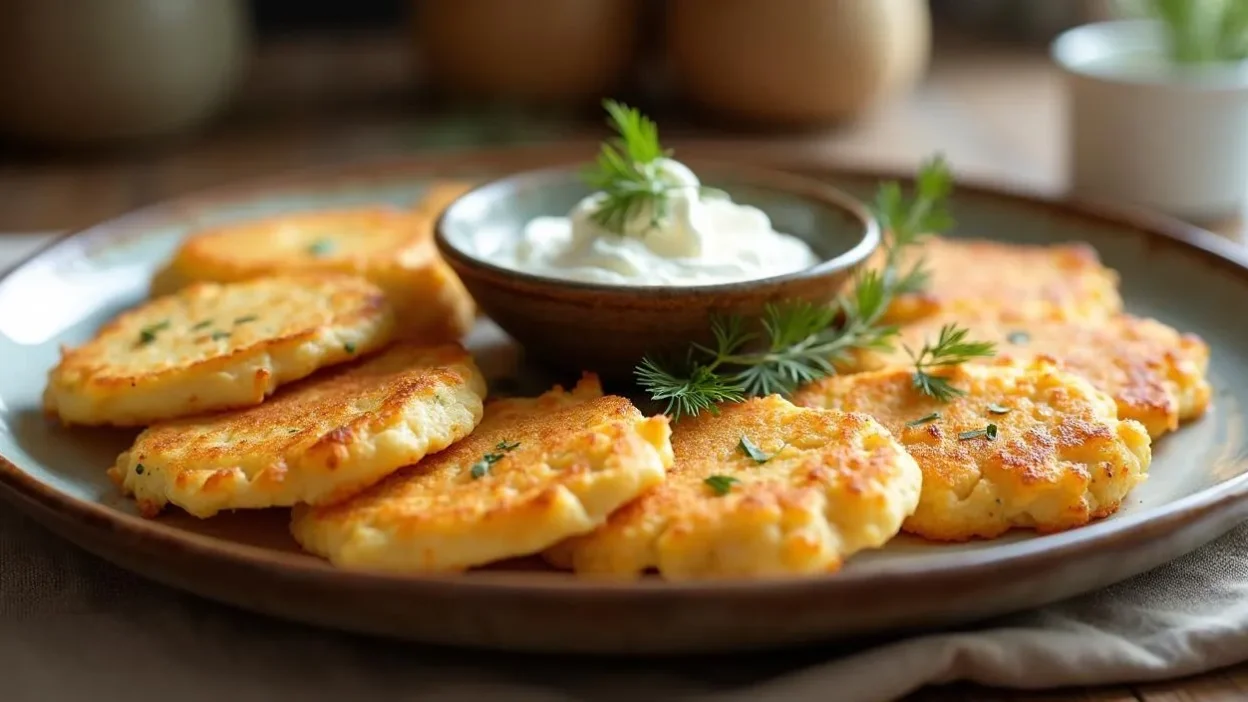Golden and crispy Lithuanian potato pancakes (Bulviniai Blynai) served on a rustic plate with sour cream and fresh dill, photographed in a cozy kitchen setting.