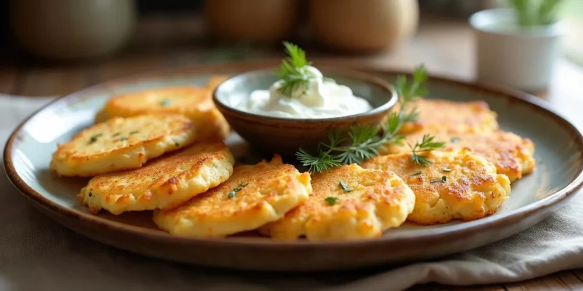 Golden and crispy Lithuanian potato pancakes (Bulviniai Blynai) served on a rustic plate with sour cream and fresh dill, photographed in a cozy kitchen setting.