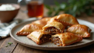 Freshly baked Lithuanian kibinai pastries on a rustic plate, with golden flaky crusts and juicy meat filling, served with sour cream on a wooden table with traditional decor.