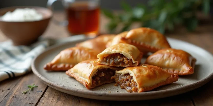 Freshly baked Lithuanian kibinai pastries on a rustic plate, with golden flaky crusts and juicy meat filling, served with sour cream on a wooden table with traditional decor.