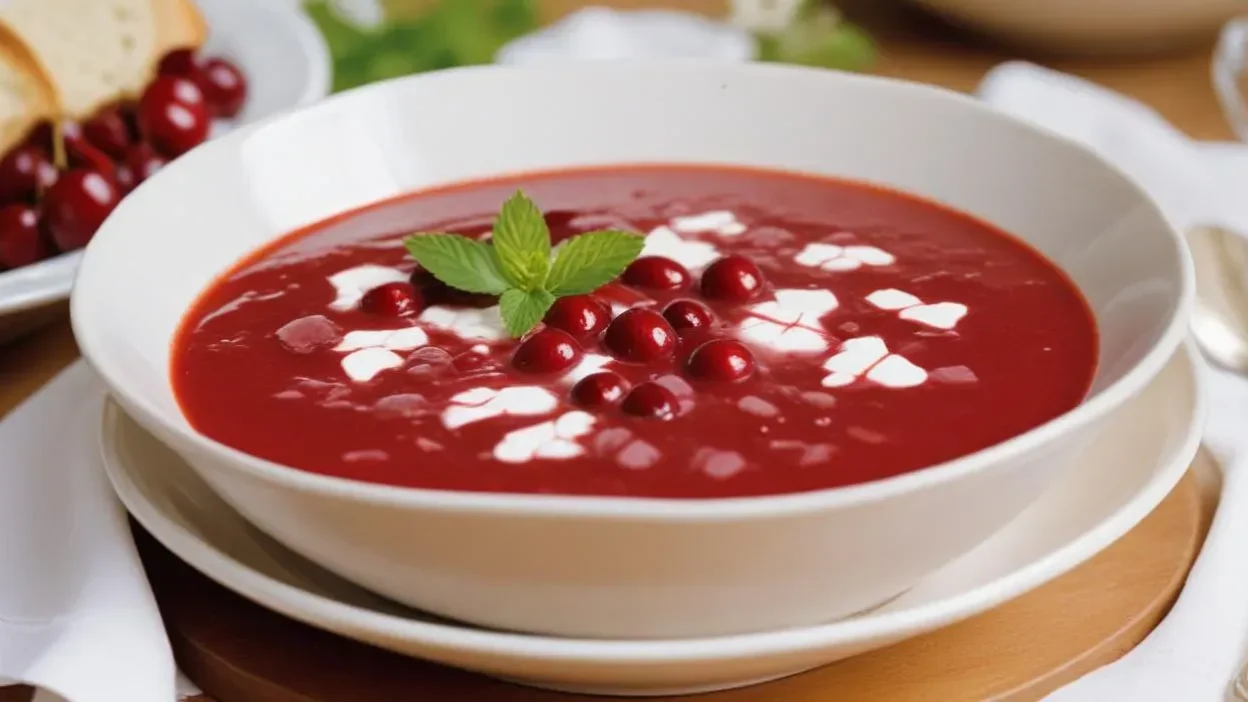 Traditional Hungarian sour cherry soup (Meggyleves) served chilled with fresh cherries and a dollop of sour cream.