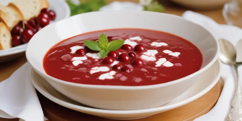 Traditional Hungarian sour cherry soup (Meggyleves) served chilled with fresh cherries and a dollop of sour cream.