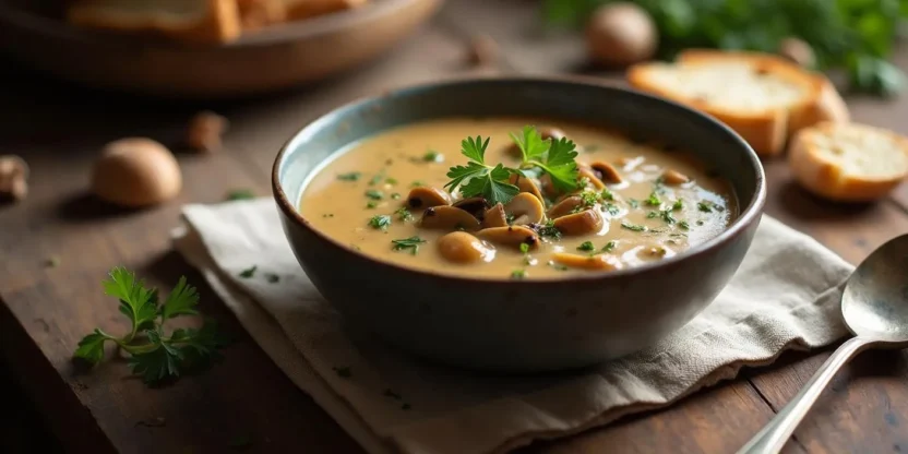 A rustic bowl of Lithuanian wild mushroom soup with chanterelles and parsley garnish, served on a wooden table with rye bread and dried mushrooms, evoking a cozy, homemade feel.