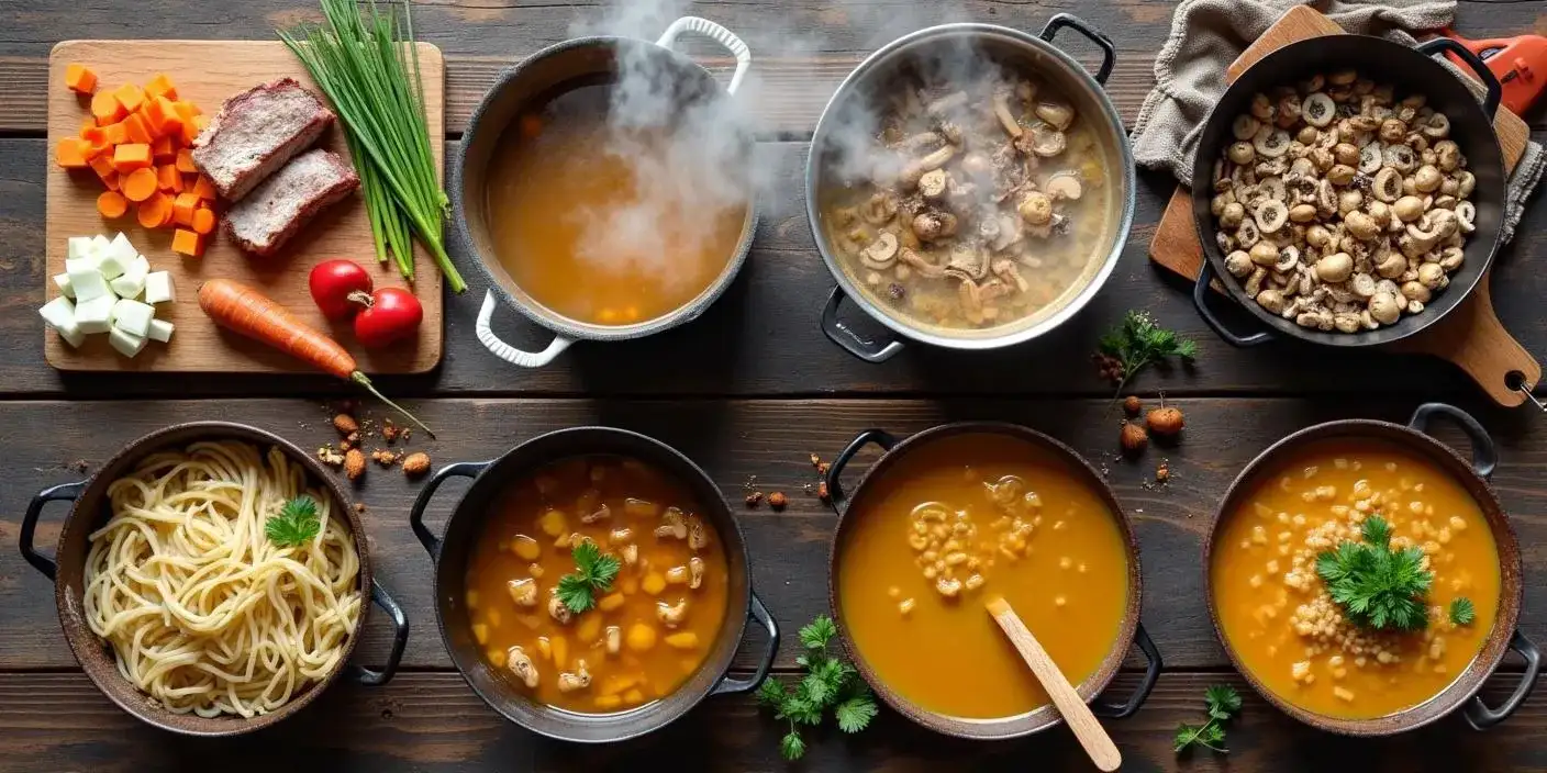 Step-by-step visuals showing the process of making traditional Lithuanian wild mushroom soup, from preparing ingredients and stock to cooking mushrooms, adding cream, and serving with grains or noodles.