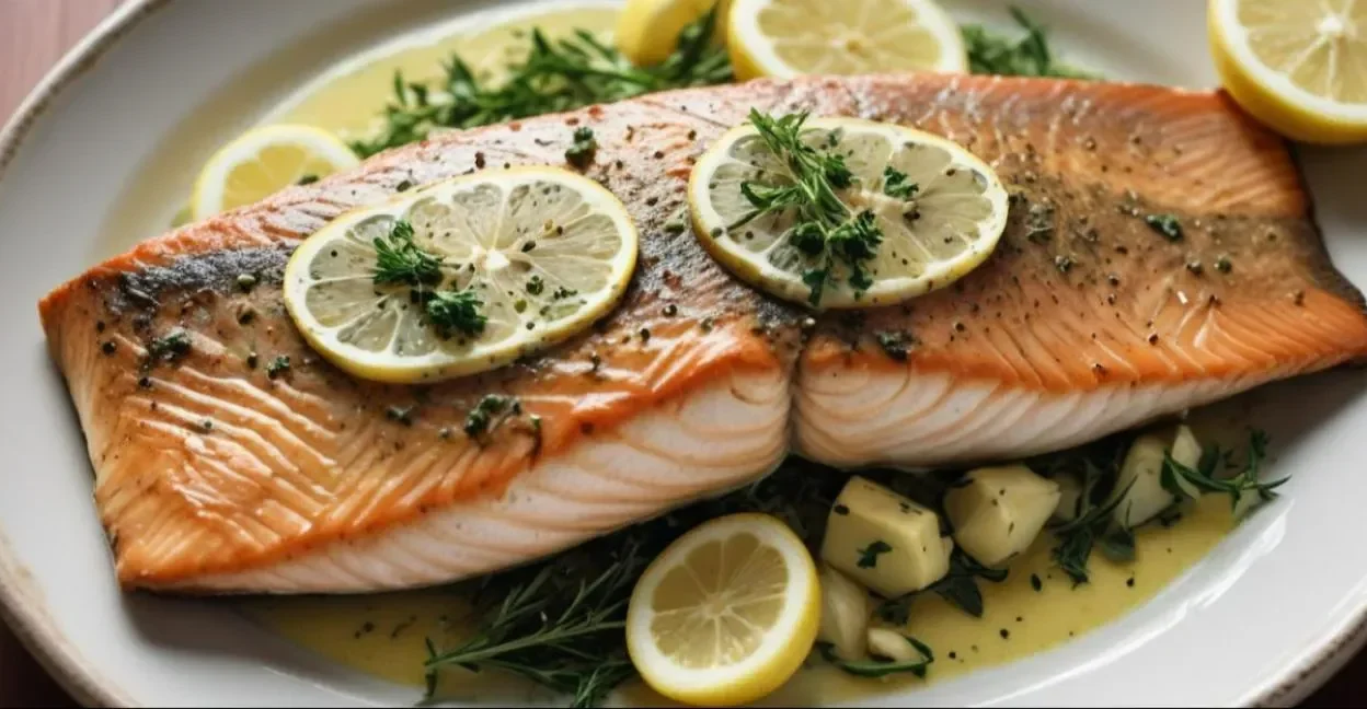 A beautifully prepared whole trout, pan-seared to golden perfection and topped with aromatic garlic herb butter.