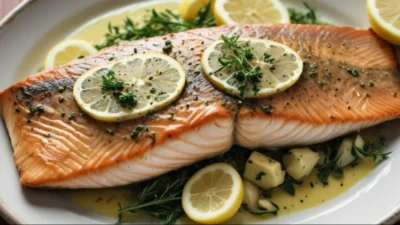 A beautifully prepared whole trout, pan-seared to golden perfection and topped with aromatic garlic herb butter.